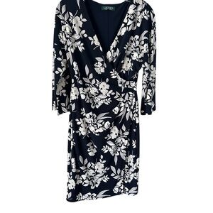 Lauren Ralph Lauren Floral Midi Dress Sz 4 Navy White Floral Faux Wrap Stretch